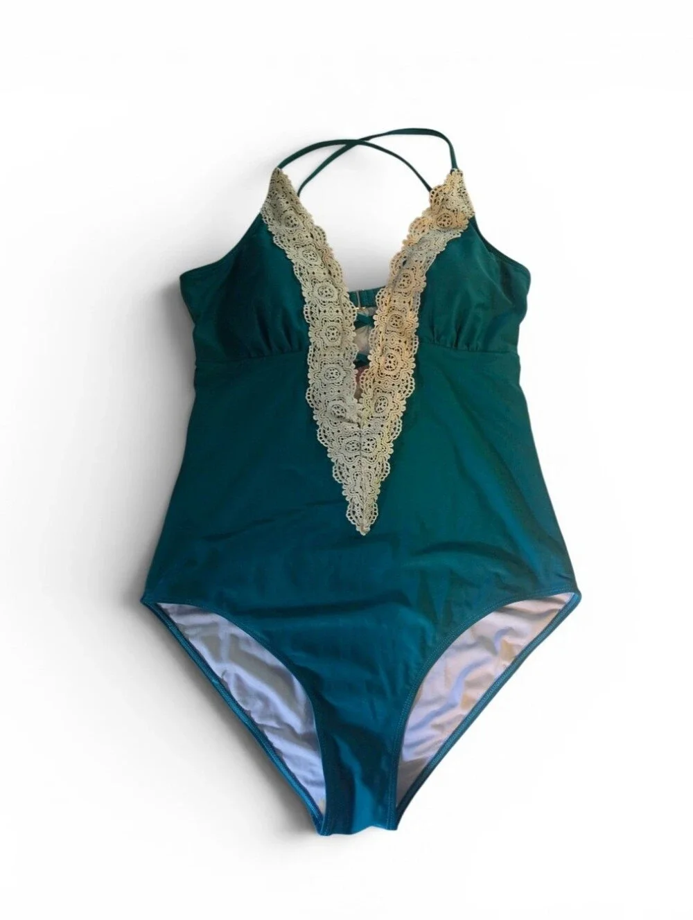 Teal Lace-Trimmed Strappy Swimsuit